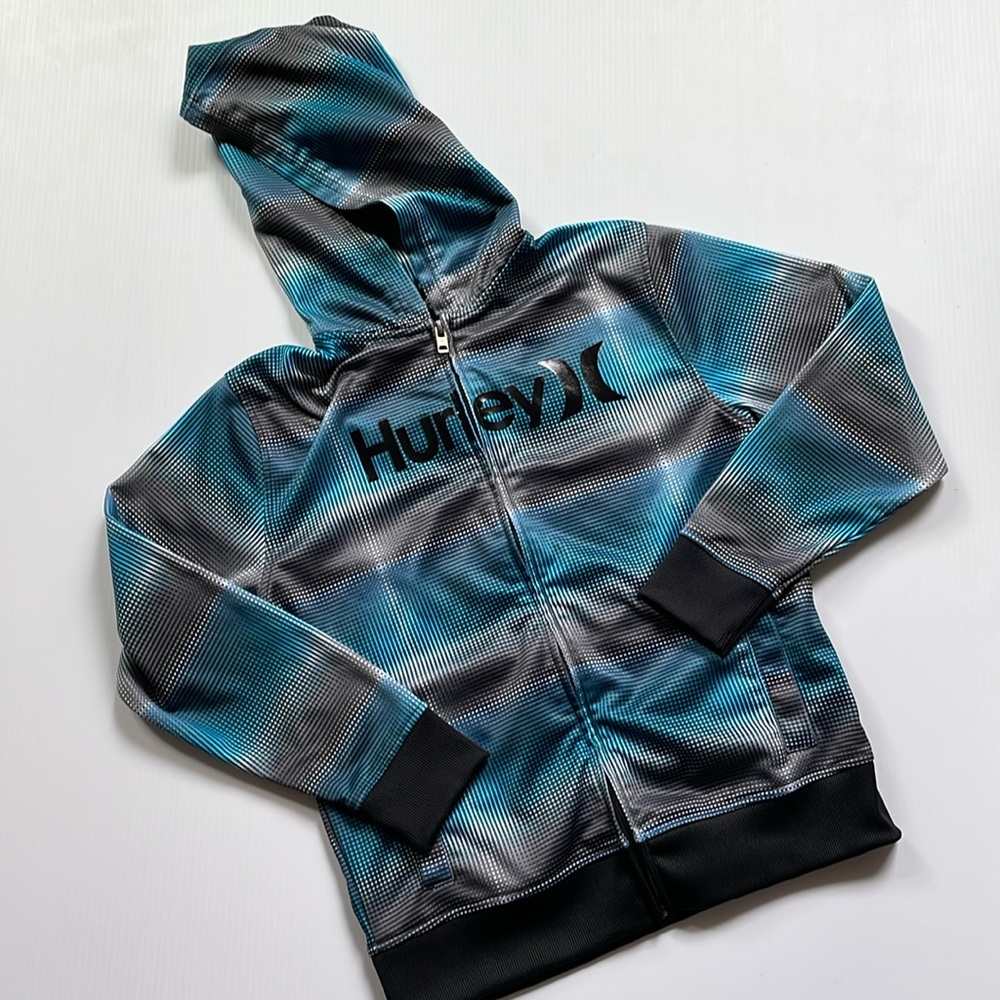 Hurley black, white, gray & blue full zip hoodie.  Boys size medium